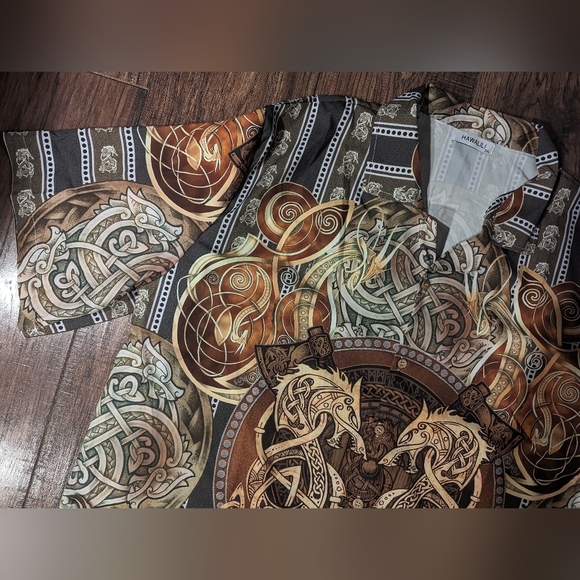 Hawalili Mens Button Down Shirt Brown & Gold Dragon Print Size 2XL Unique! - Picture 5 of 16